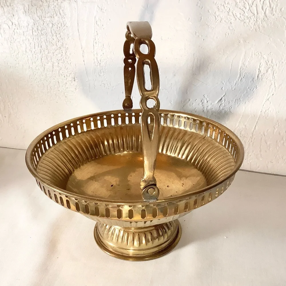 Vintage Brass Footed Bowl Basket With Handle - Detailed ~8 X 7.5 “